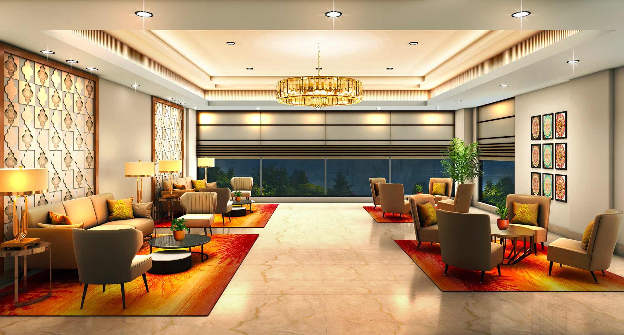 Sophisticated hotel lobby interior at night designed by Designers Gang featuring a crystal chandelier, plush seating areas, a fireplace, and floor-to-ceiling windows overlooking a city skyline. Warm lighting creates an inviting atmosphere.